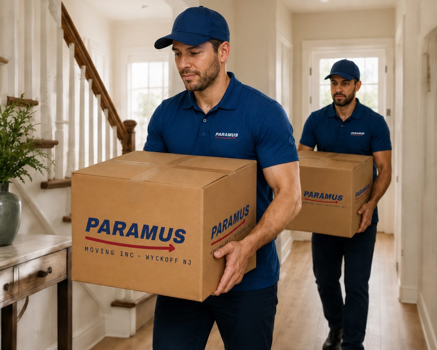 Movers carrying labeled boxes through a hallway