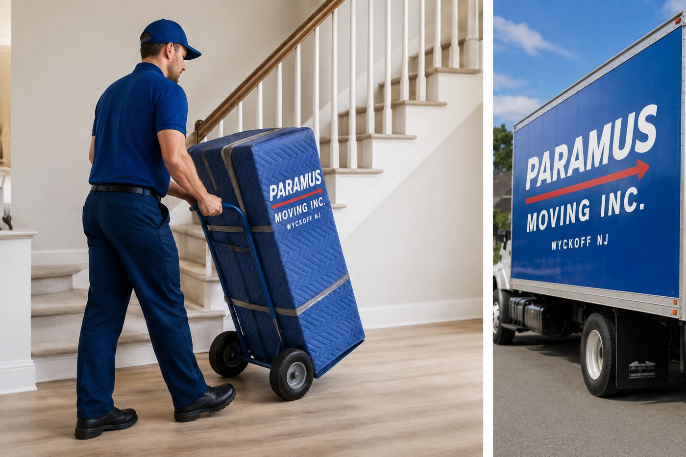 A wrapped piece moved on a hand truck beside a moving truck