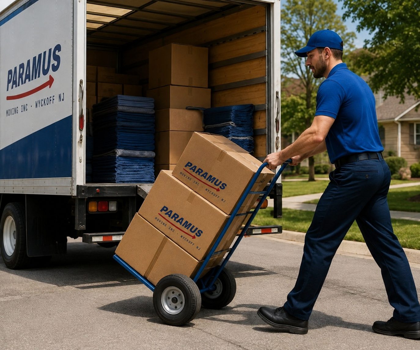 A mover rolling boxes down the truck ramp on a hand truck