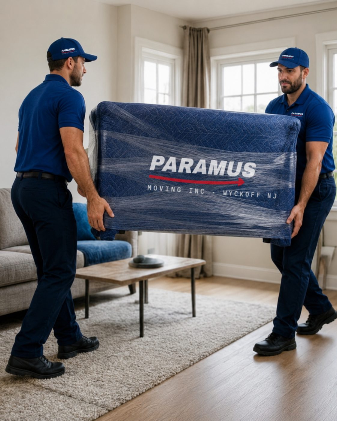 Two movers carrying a pad-wrapped sofa through a living room