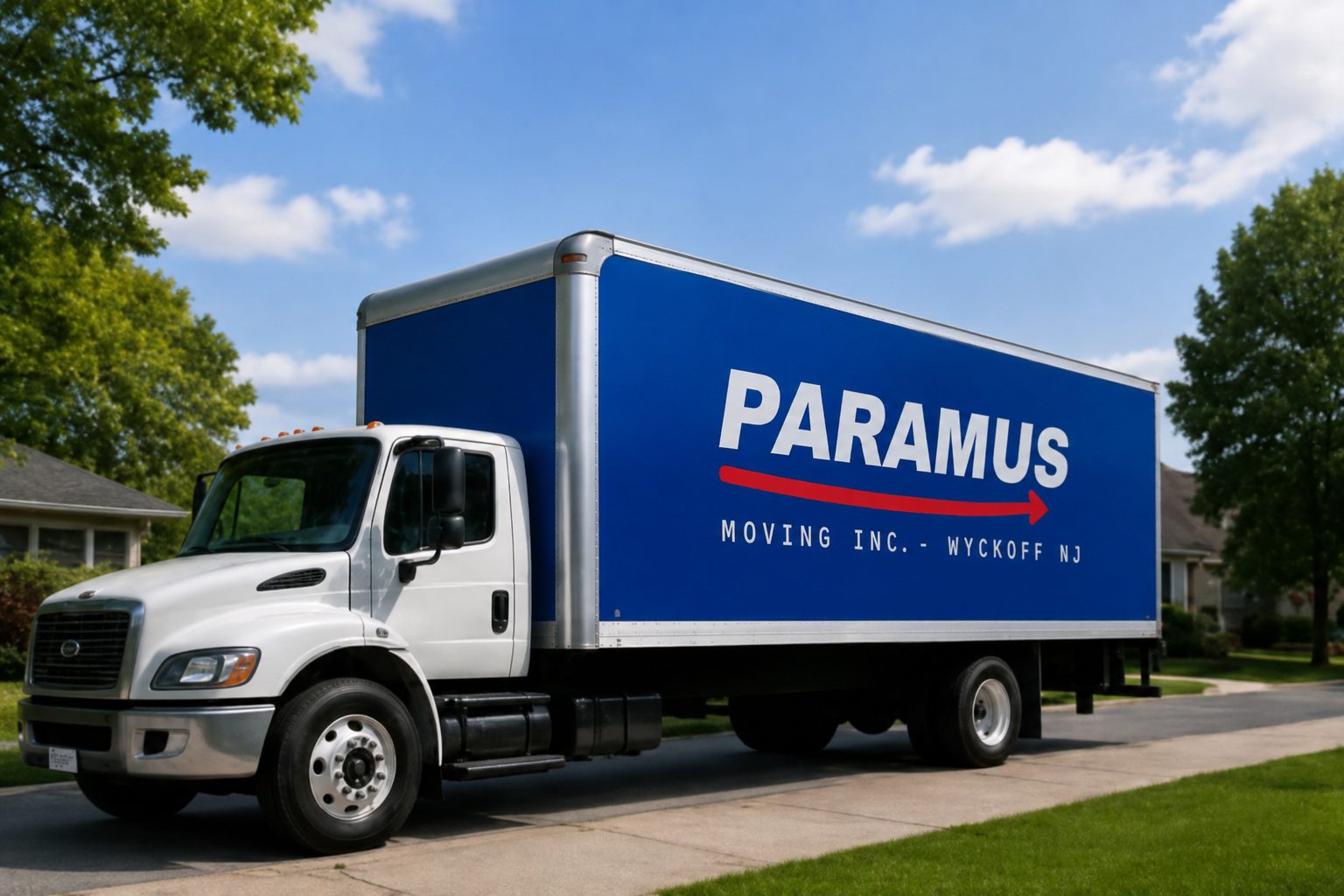A branded moving box truck parked on a residential street