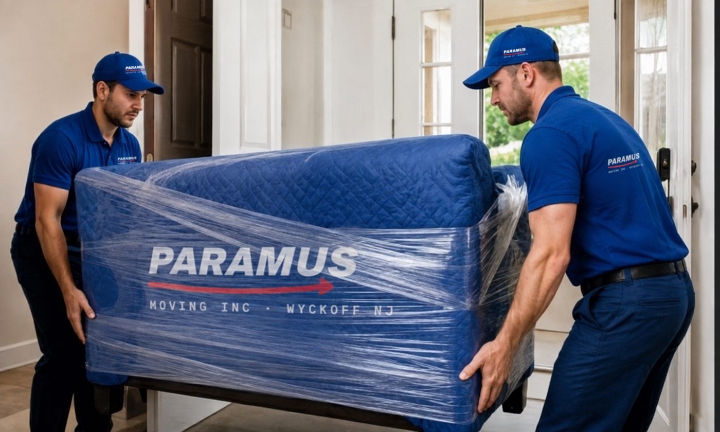 Movers guiding a wrapped piece of furniture through a doorway
