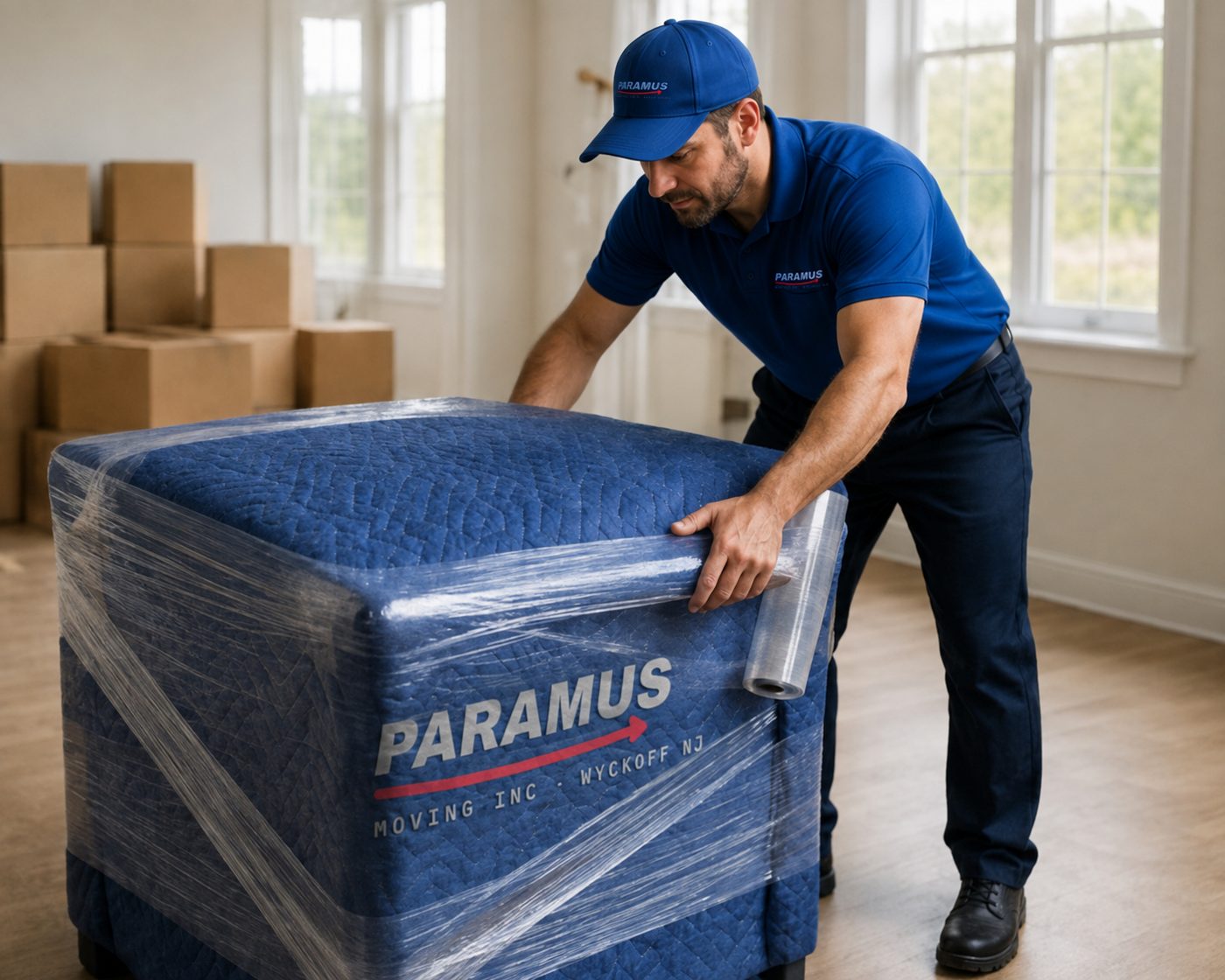 A mover shrink-wrapping a padded piece in an empty room